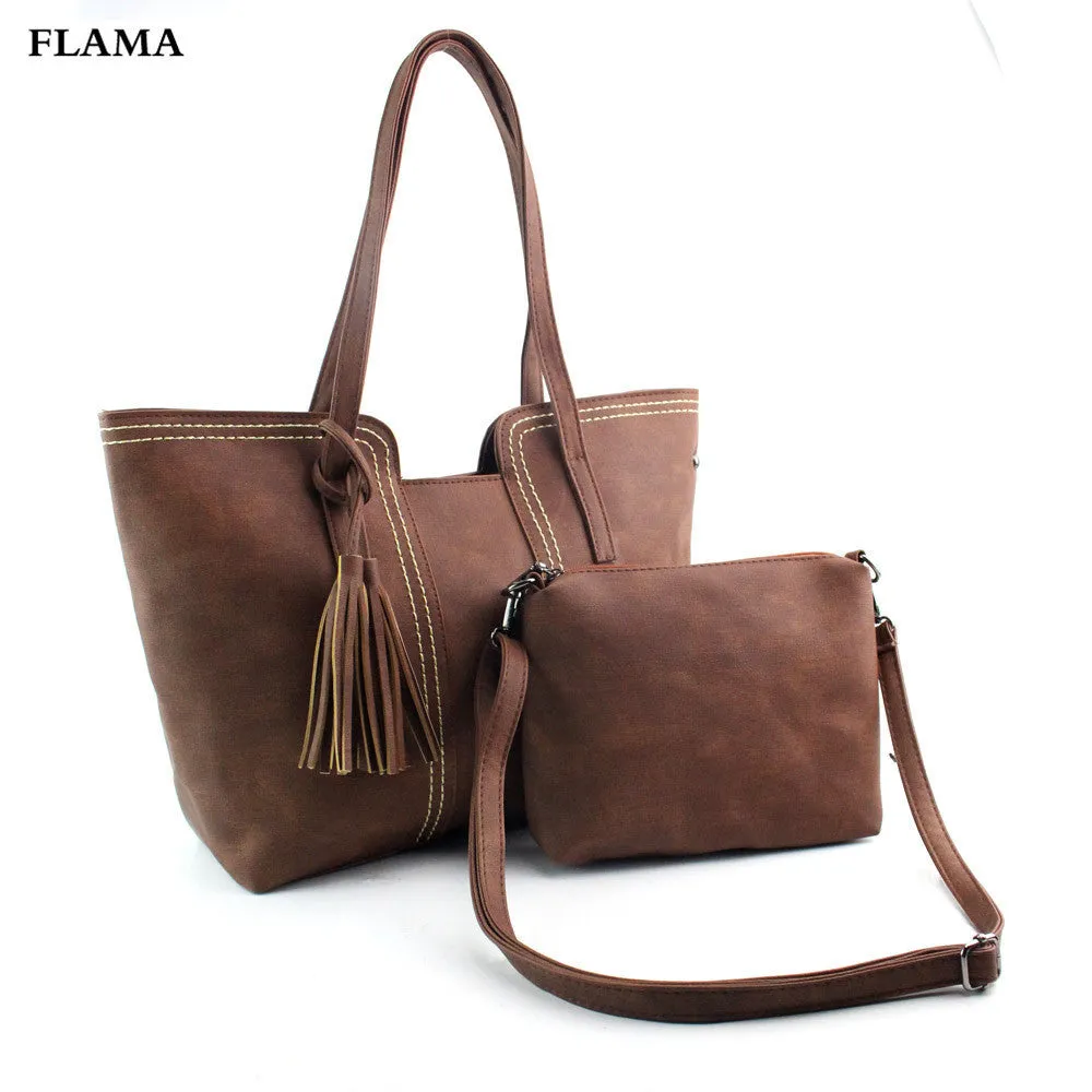 2 pcs Women messenger bags Vintage Tassel Scrub Leather Bag Crossbody Shoulder Bags+Clutch Bag Hbags bolsa feminina