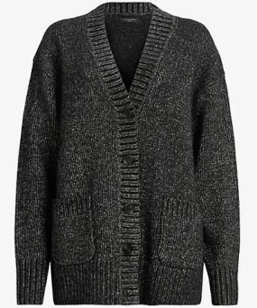 Allsaints Womens Black Sabrina metallic relaxed-fit knitted cardigan Xxxl