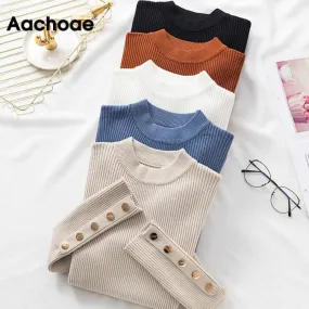 Autumn Women Long Sleeve Pure Slim Sweater Winter Knitted Turtleneck Casual Cashmere Pullover Metal Buttons Split Cuff Basic Top