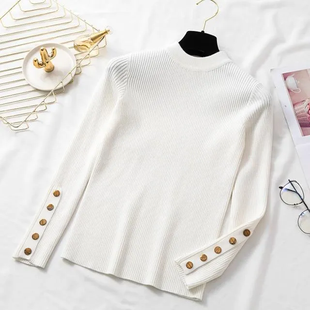 Autumn Women Long Sleeve Pure Slim Sweater Winter Knitted Turtleneck Casual Cashmere Pullover Metal Buttons Split Cuff Basic Top