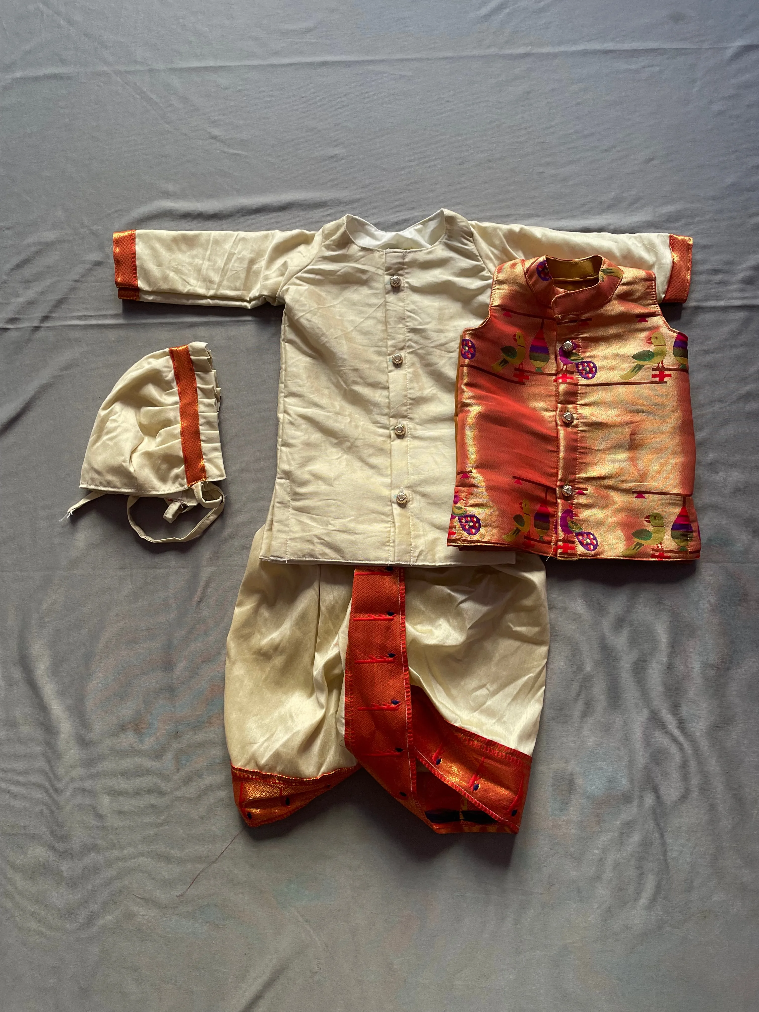 Baby boy set- premium cream paithani kurta with cream dhoti and jacket set with topra