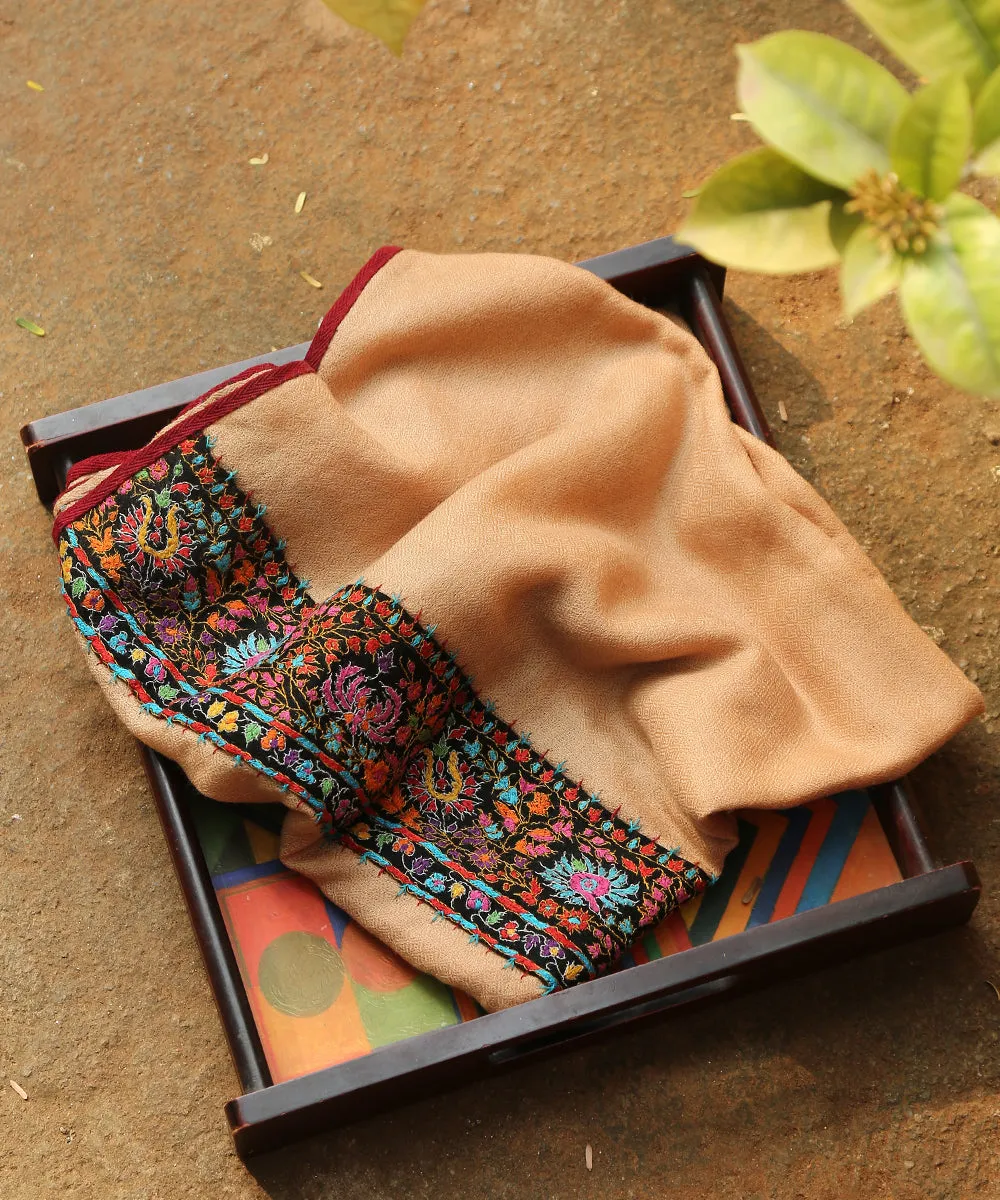 Beige Handwoven Pure Pashmina Stole With Hand Appliqued Kashidakari Border