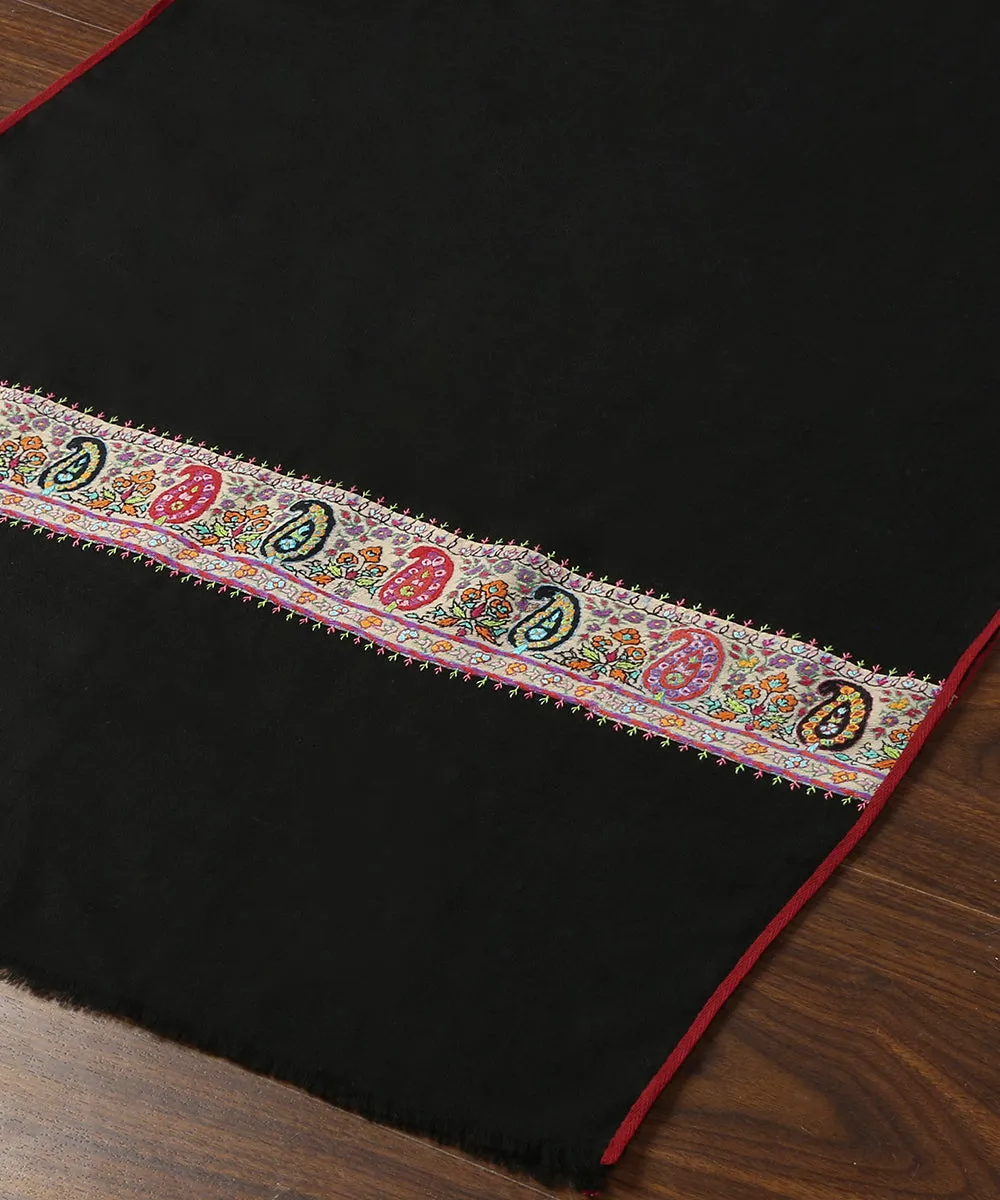 Black Handwoven Pure Pashmina Stole With Hand Appliqued Kashidakari Border