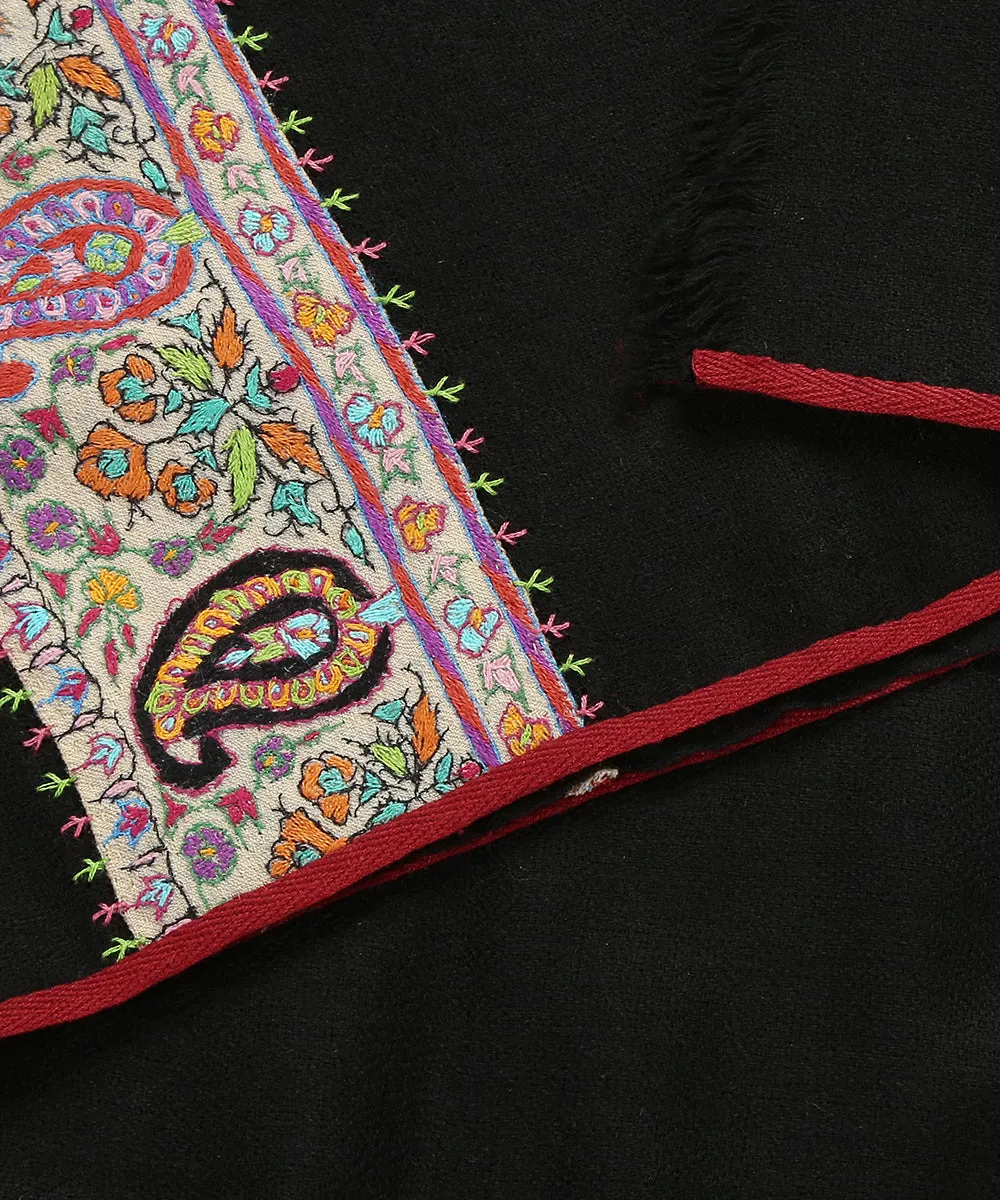 Black Handwoven Pure Pashmina Stole With Hand Appliqued Kashidakari Border