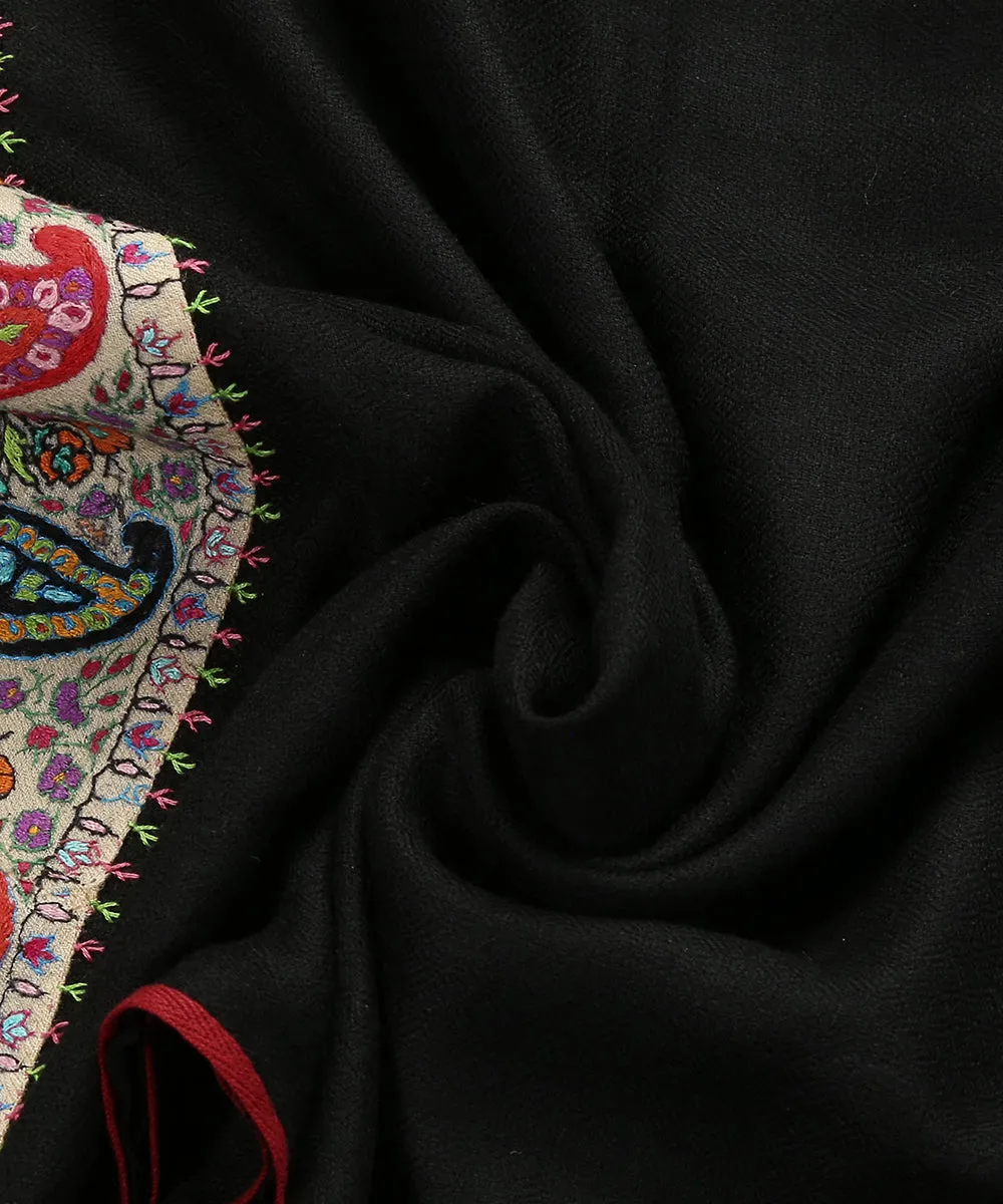 Black Handwoven Pure Pashmina Stole With Hand Appliqued Kashidakari Border