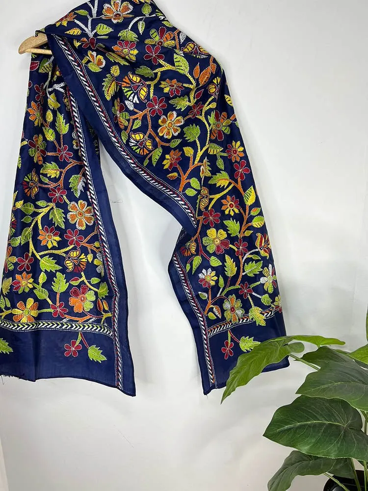 Blue Hand Embroidered Kantha Pure Bangalore Silk Stole