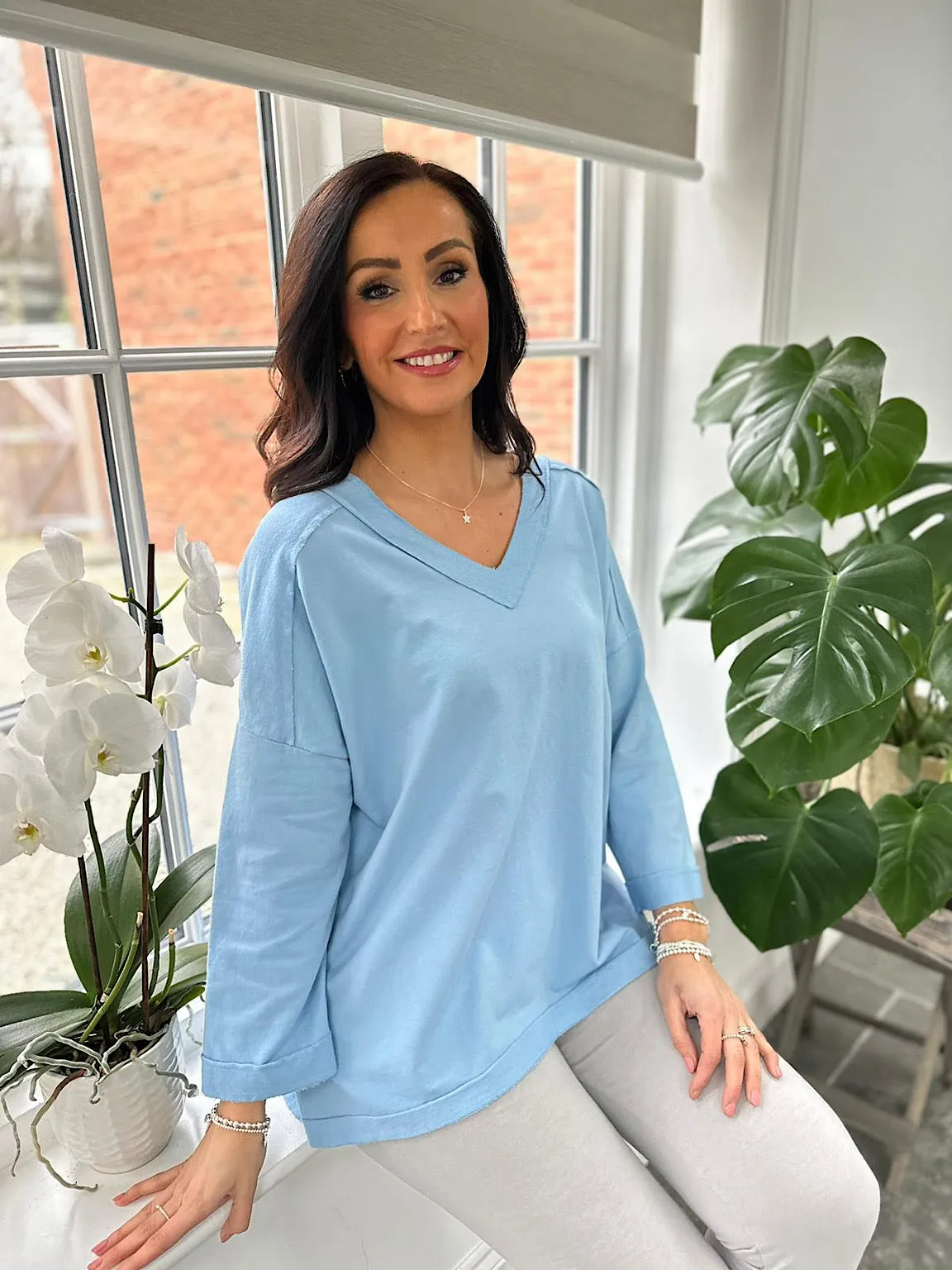 Blue Reverse Seam V Neck Sweat Top Harriet