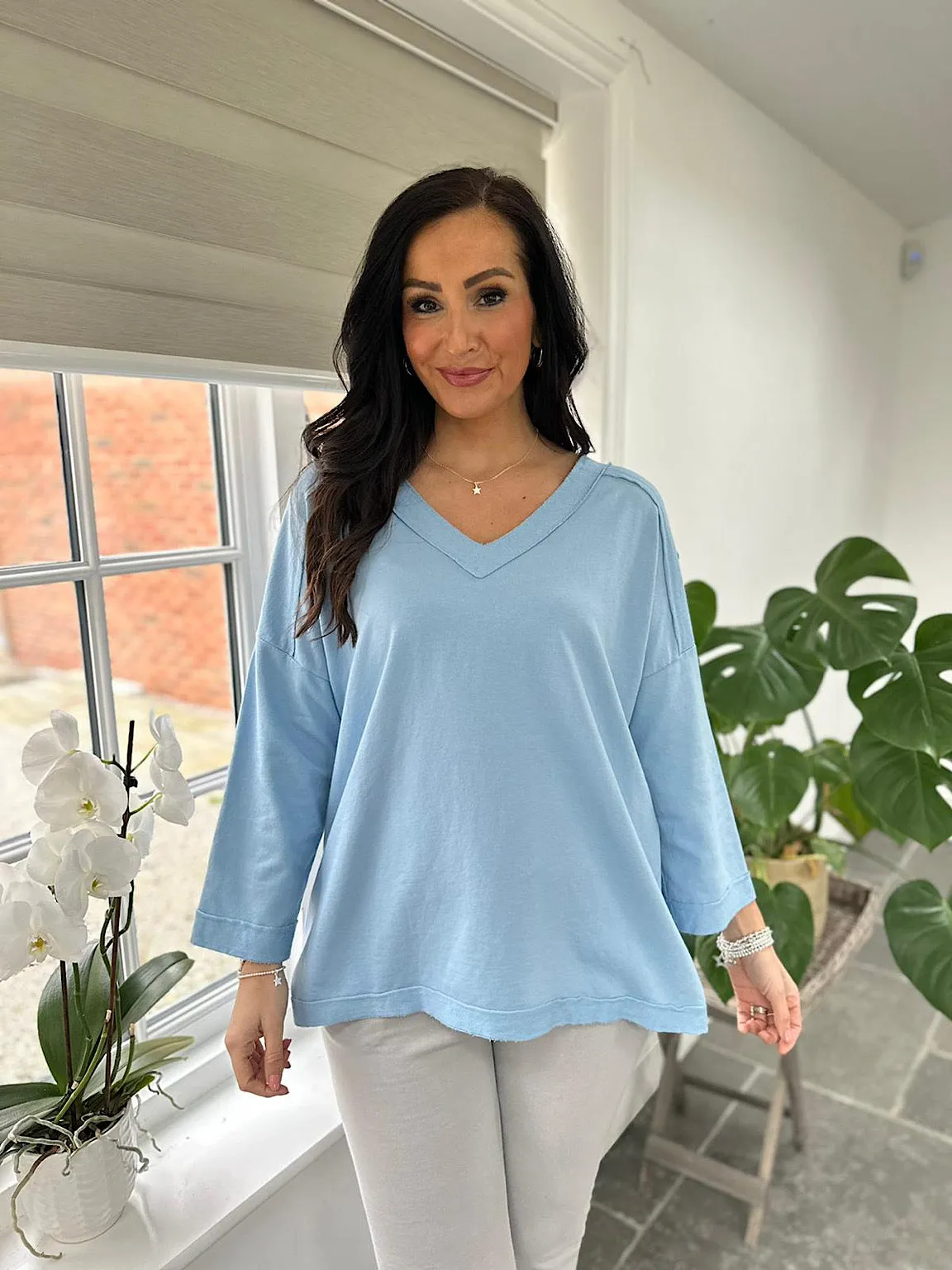 Blue Reverse Seam V Neck Sweat Top Harriet