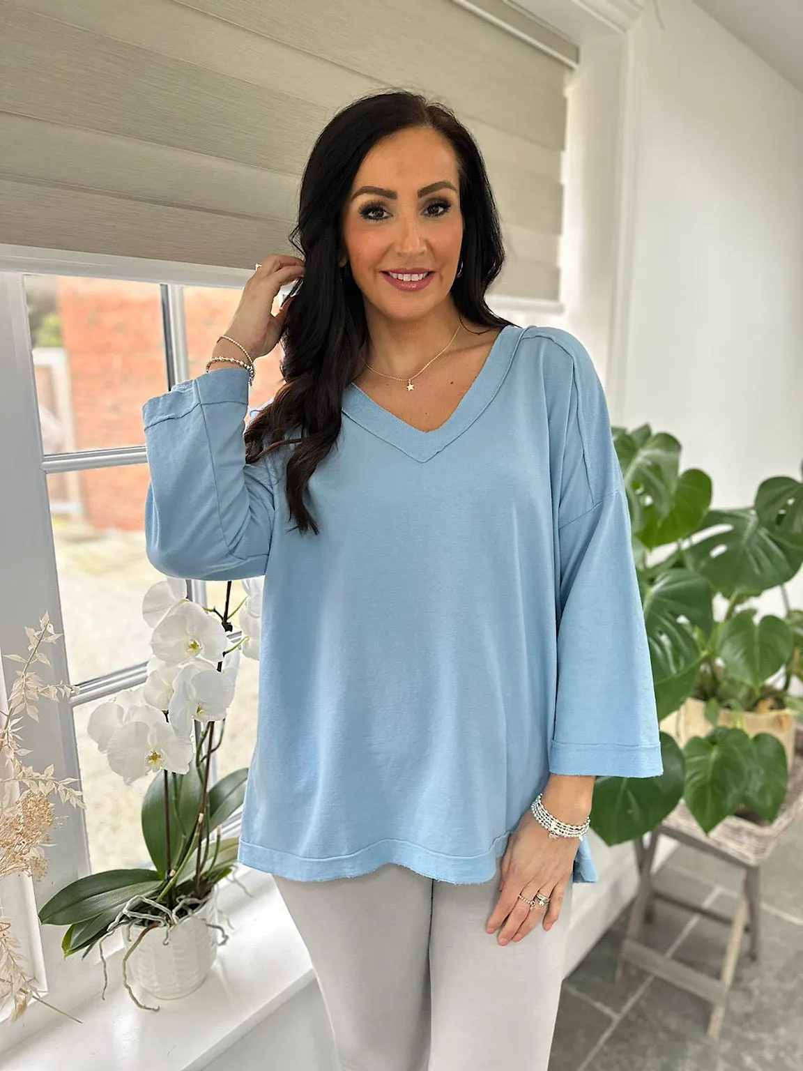 Blue Reverse Seam V Neck Sweat Top Harriet