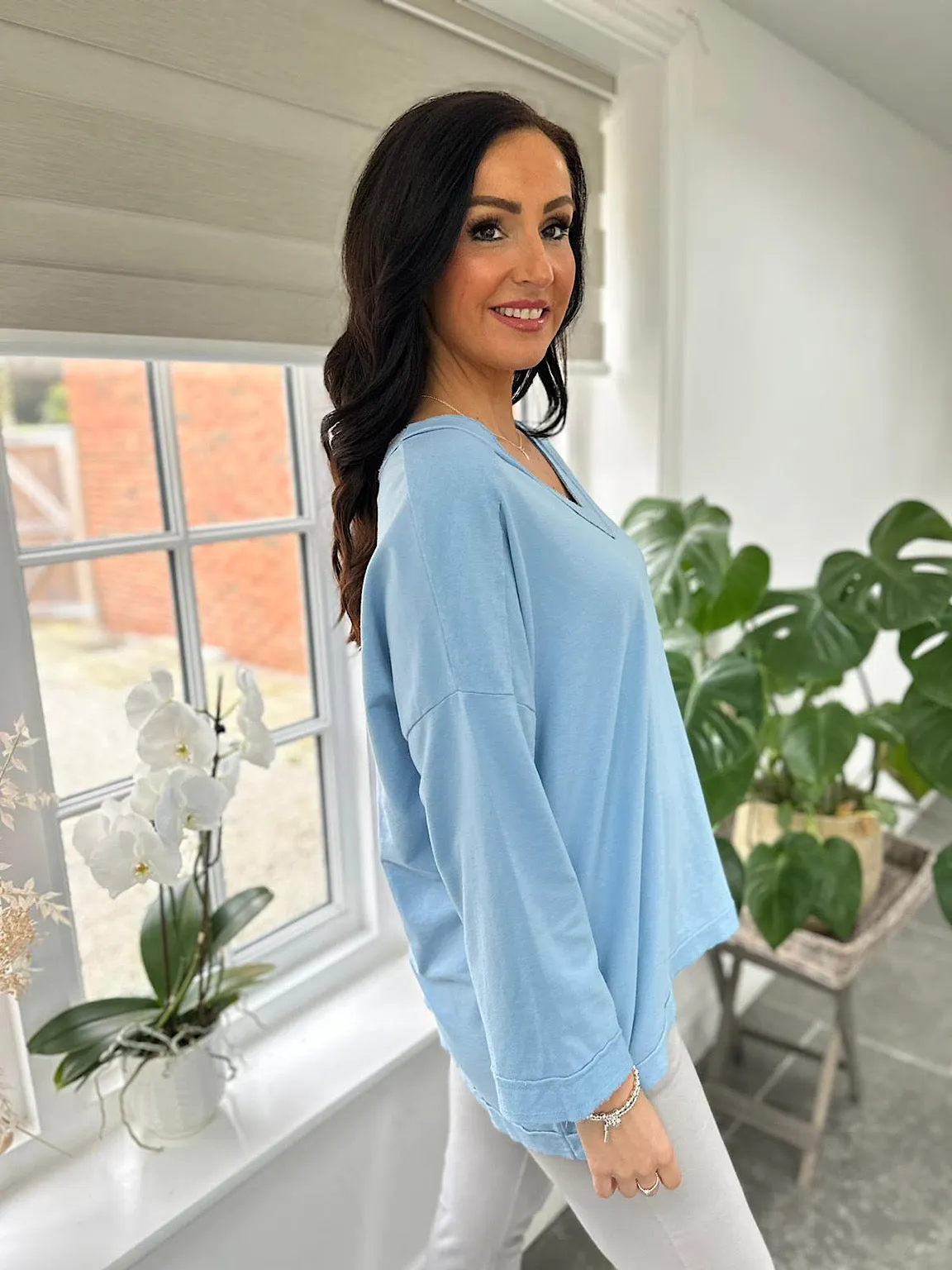 Blue Reverse Seam V Neck Sweat Top Harriet