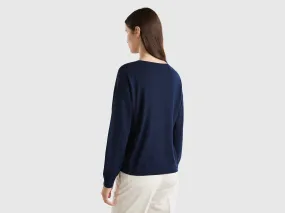 Boat neck sweater in pure Merino wool - Dark Blue | Benetton