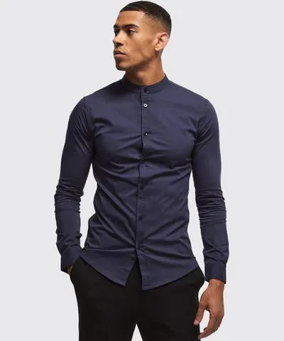 boohooMAN Mens Long Sleeve Grandad Collar Stretch Shirt