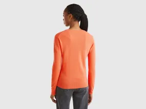 Coral red crew neck sweater in pure Merino wool - Red Coral | Benetton