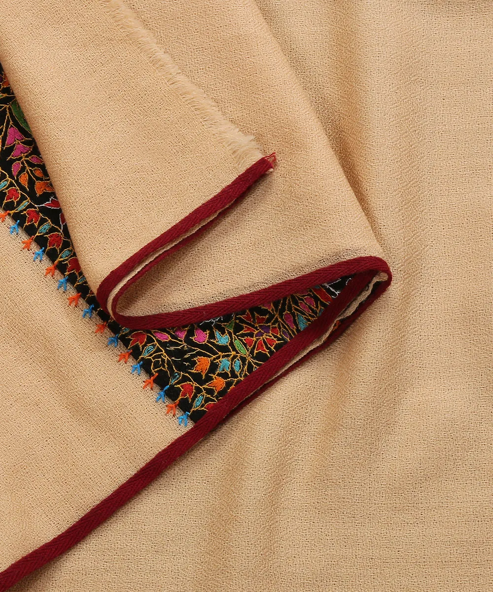 Cream Handwoven Pure Pashmina Kalamkari Stole With Hand Appliqued Border And Soznikari