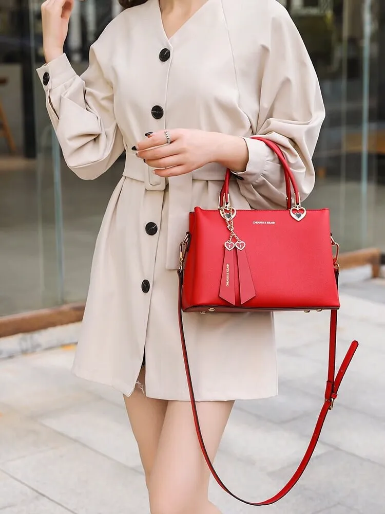 Cute Red Minimalist Solid Color Luxury Genuine Leather Handle Handheld Handbag for Women, Shoulder Bag, Crossbody Bag, Messenger