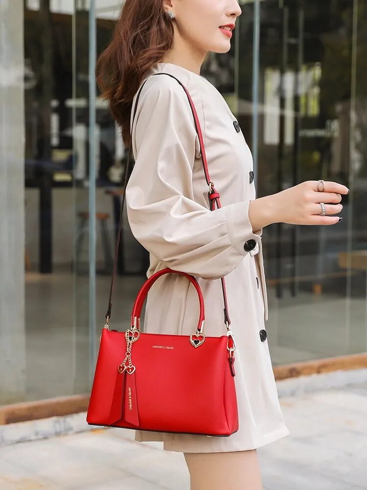 Cute Red Minimalist Solid Color Luxury Genuine Leather Handle Handheld Handbag for Women, Shoulder Bag, Crossbody Bag, Messenger