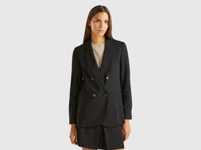 Double-breasted jacket in stretch viscose blend - Black | Benetton