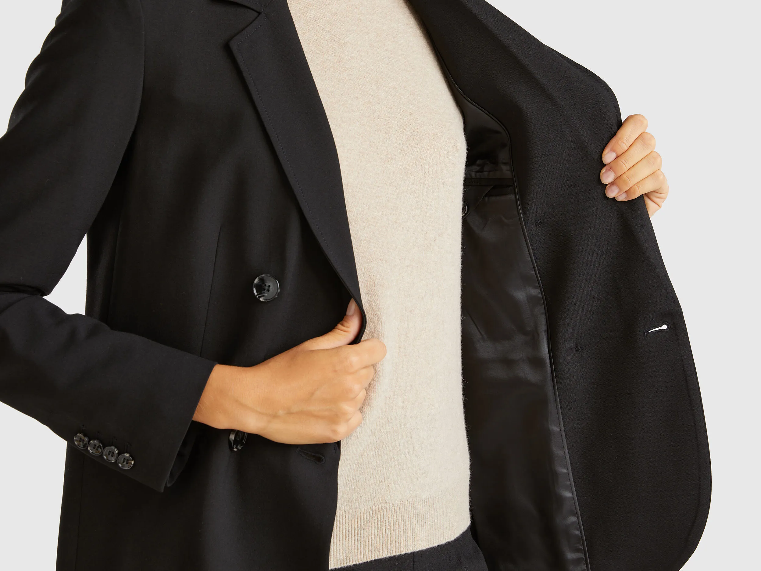 Double-breasted jacket in stretch viscose blend - Black | Benetton