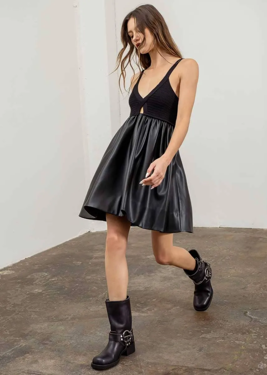 Emeline Mixed Media Mini Dress - Black