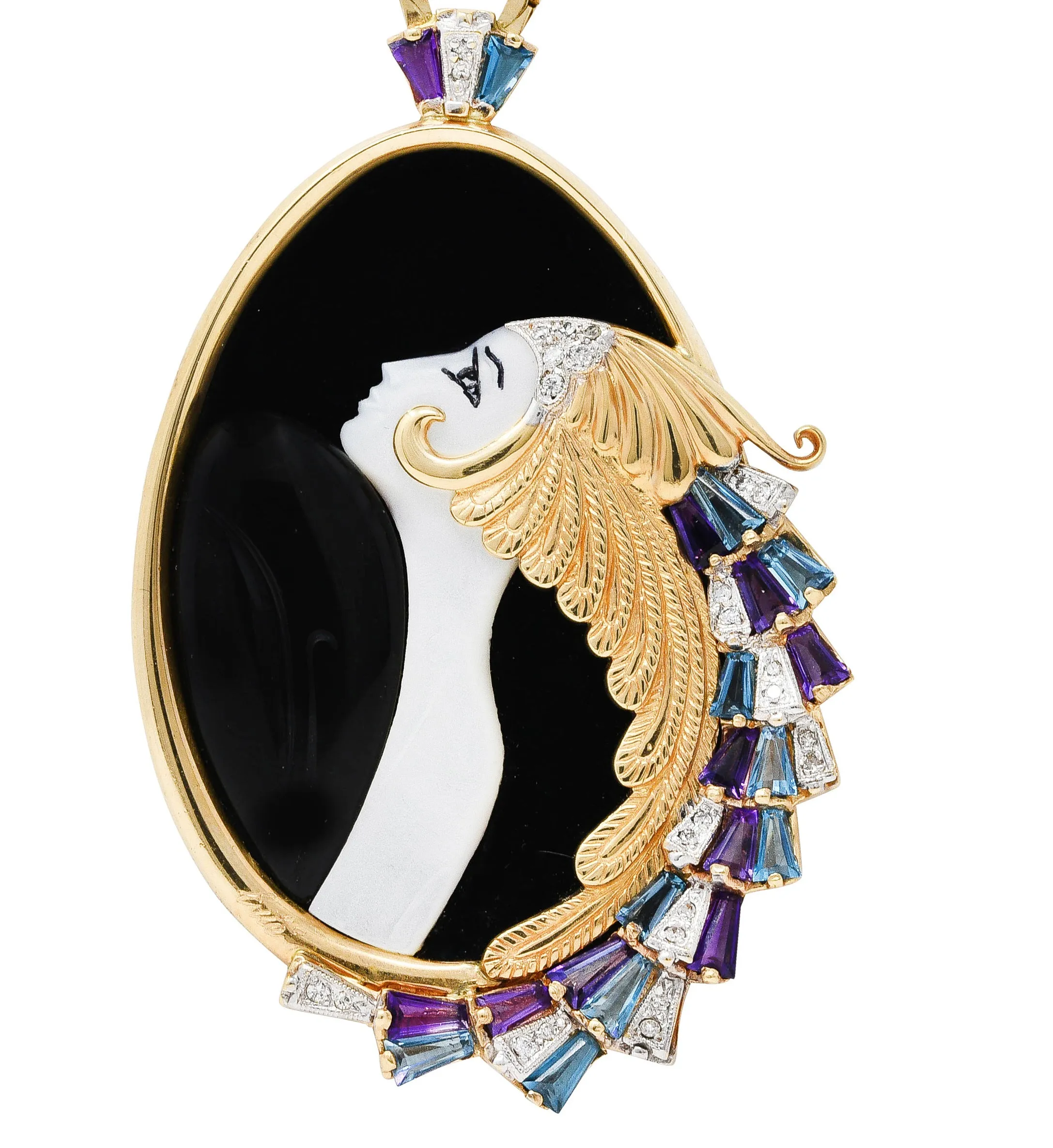 Erte Beauty of The Beast Diamond Amethyst Topaz Onyx Mother-Of-Pearl Platinum 14 Karat Yellow Gold Beauty and the Beast Vintage 