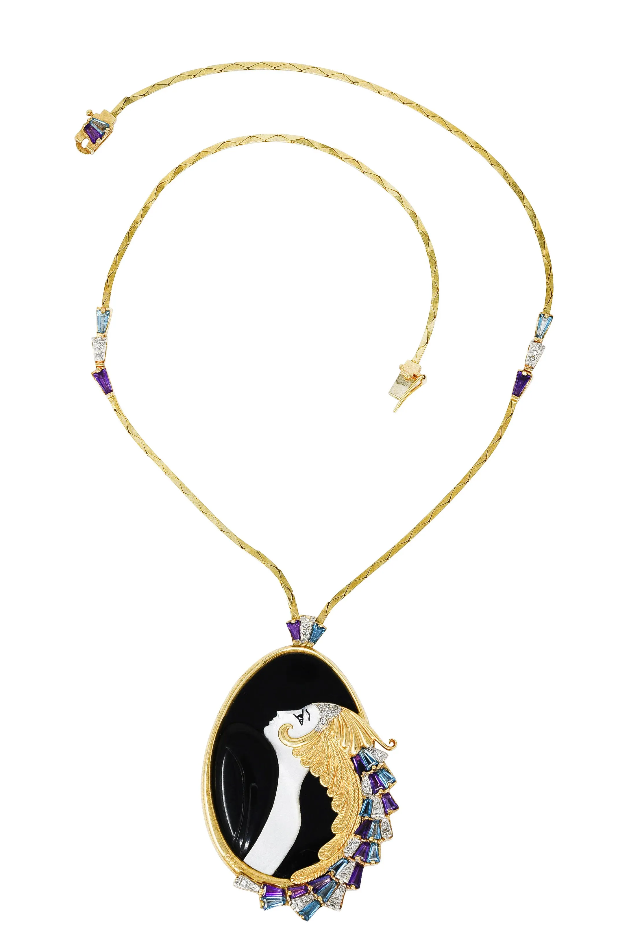 Erte Beauty of The Beast Diamond Amethyst Topaz Onyx Mother-Of-Pearl Platinum 14 Karat Yellow Gold Beauty and the Beast Vintage 