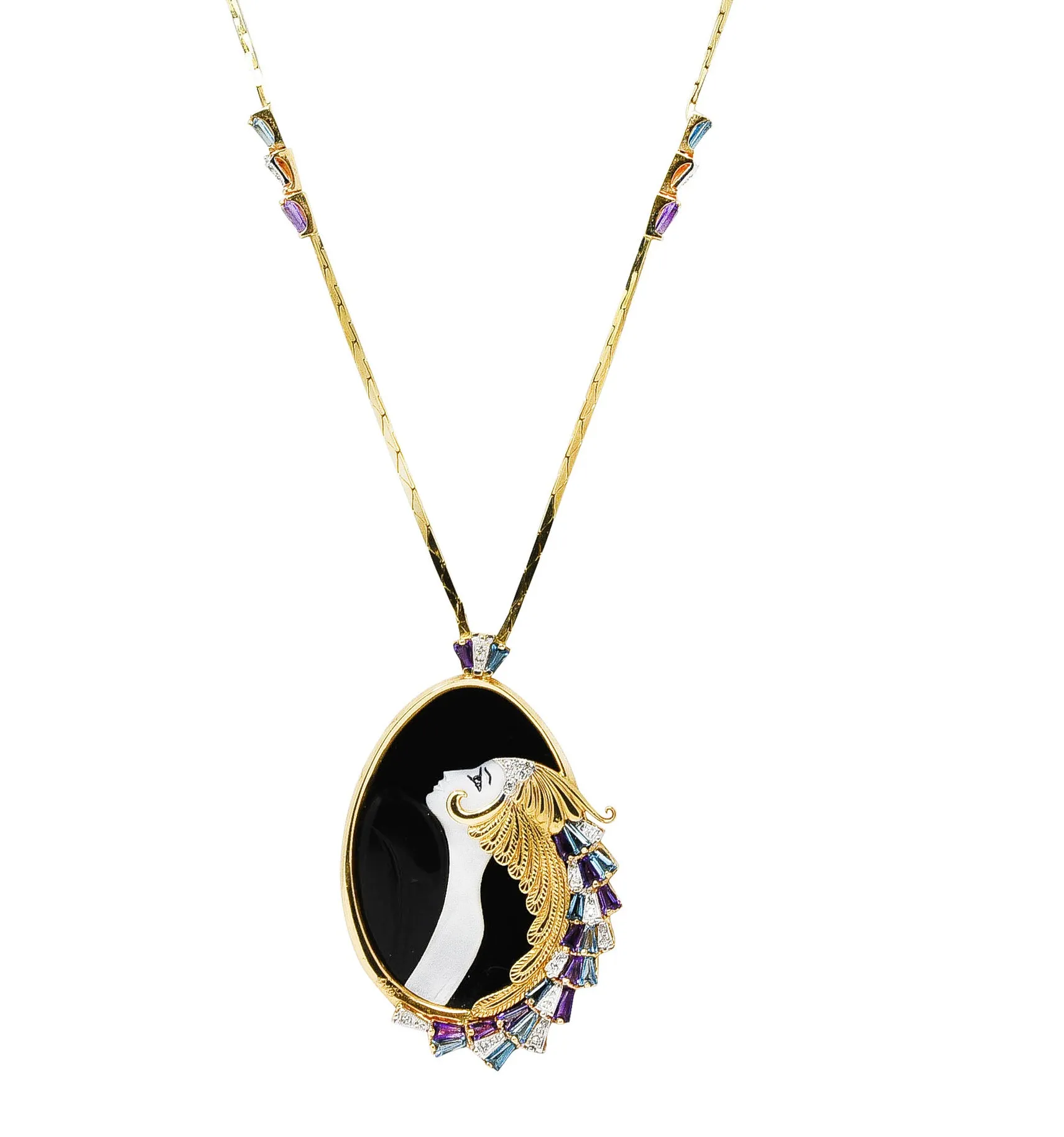 Erte Beauty of The Beast Diamond Amethyst Topaz Onyx Mother-Of-Pearl Platinum 14 Karat Yellow Gold Beauty and the Beast Vintage 