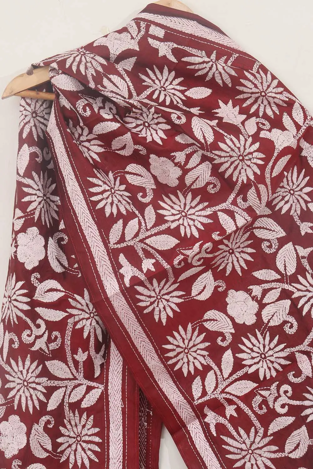 Exquisite Maroon Kantha Silk Stole: Hand Embroidered & Pure Bangalore Silk