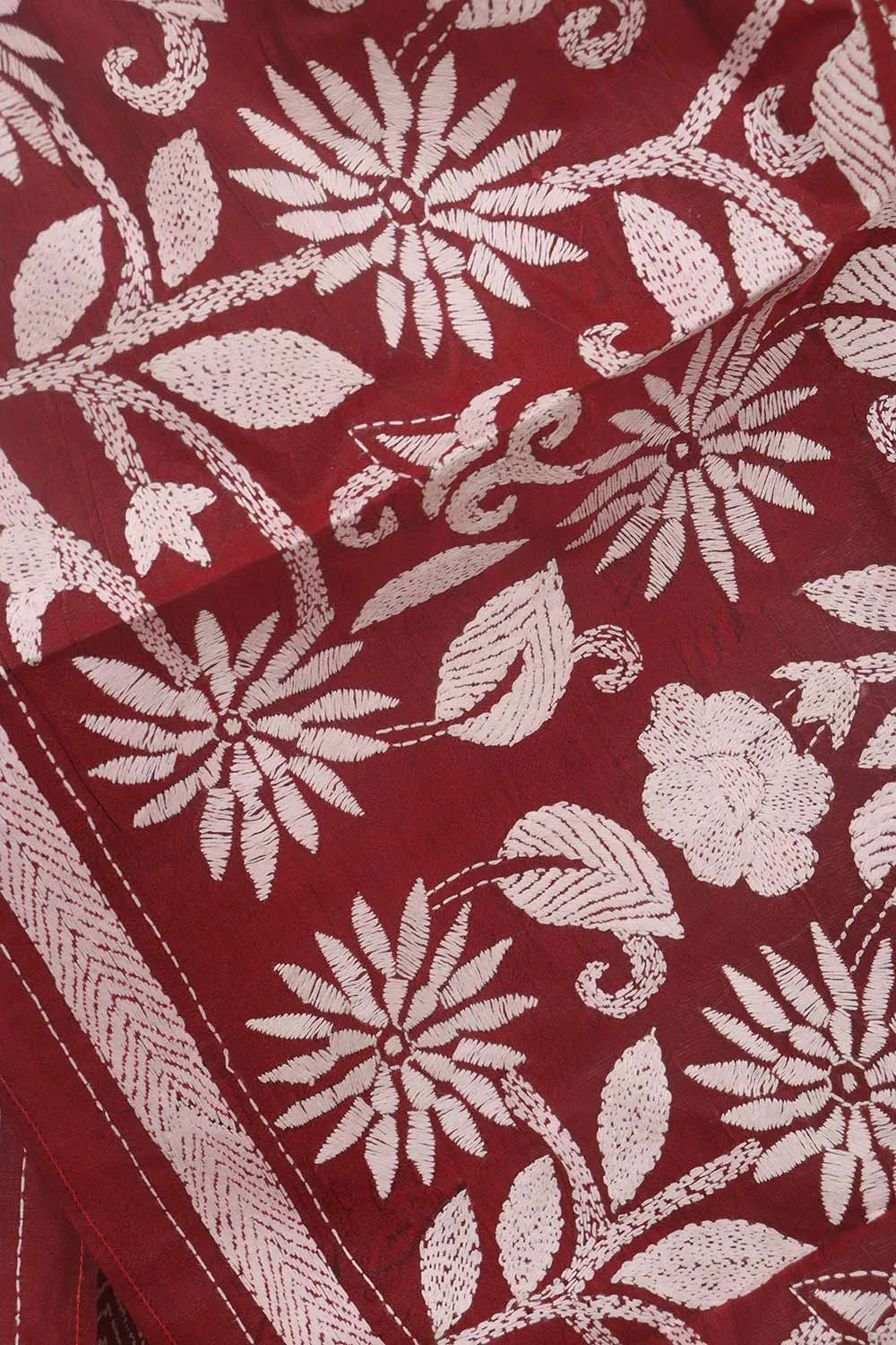 Exquisite Maroon Kantha Silk Stole: Hand Embroidered & Pure Bangalore Silk