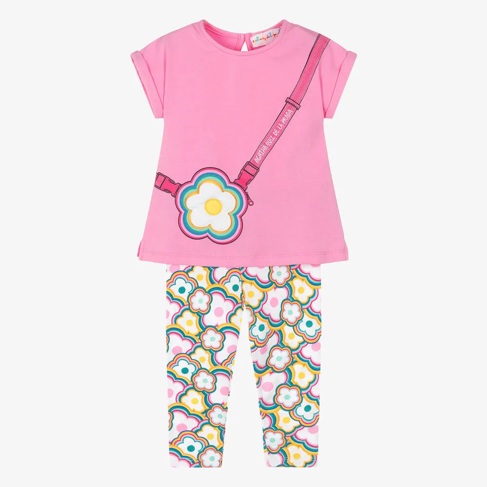 Girls Pink Floral Cotton Leggings Set