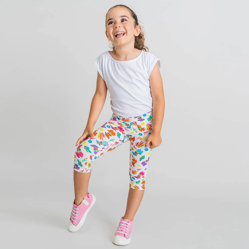 Girls White Cotton Llama Leggings