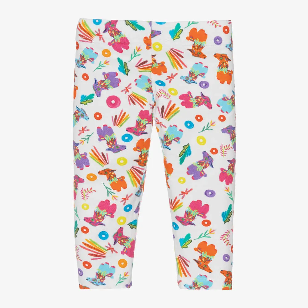 Girls White Cotton Llama Leggings