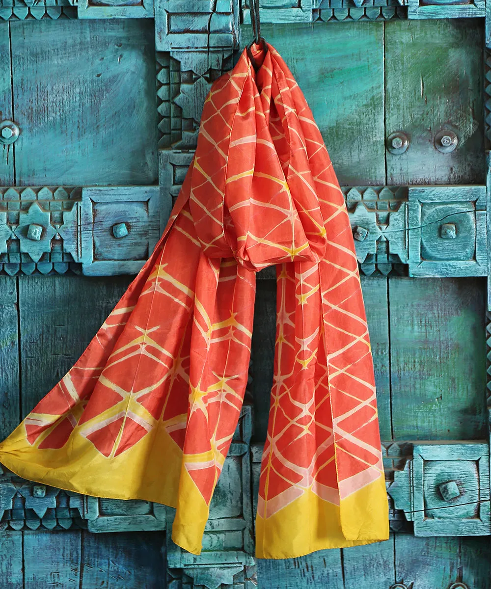 Handloom Orange Pure Mulberry Silk Stole Clamp Dyed with Mustard Stripes