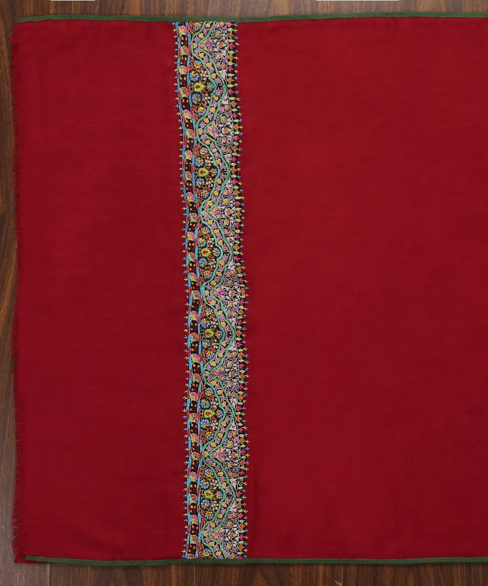 Handwoven Red Pure Pashmina Stole With Hand Appliqued Multicolor Kashidakari Border