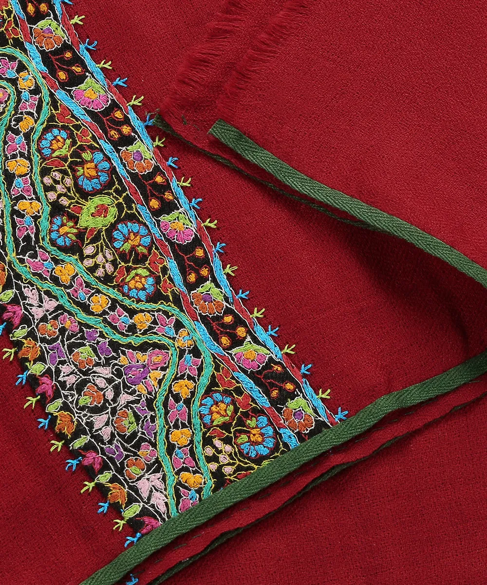 Handwoven Red Pure Pashmina Stole With Hand Appliqued Multicolor Kashidakari Border