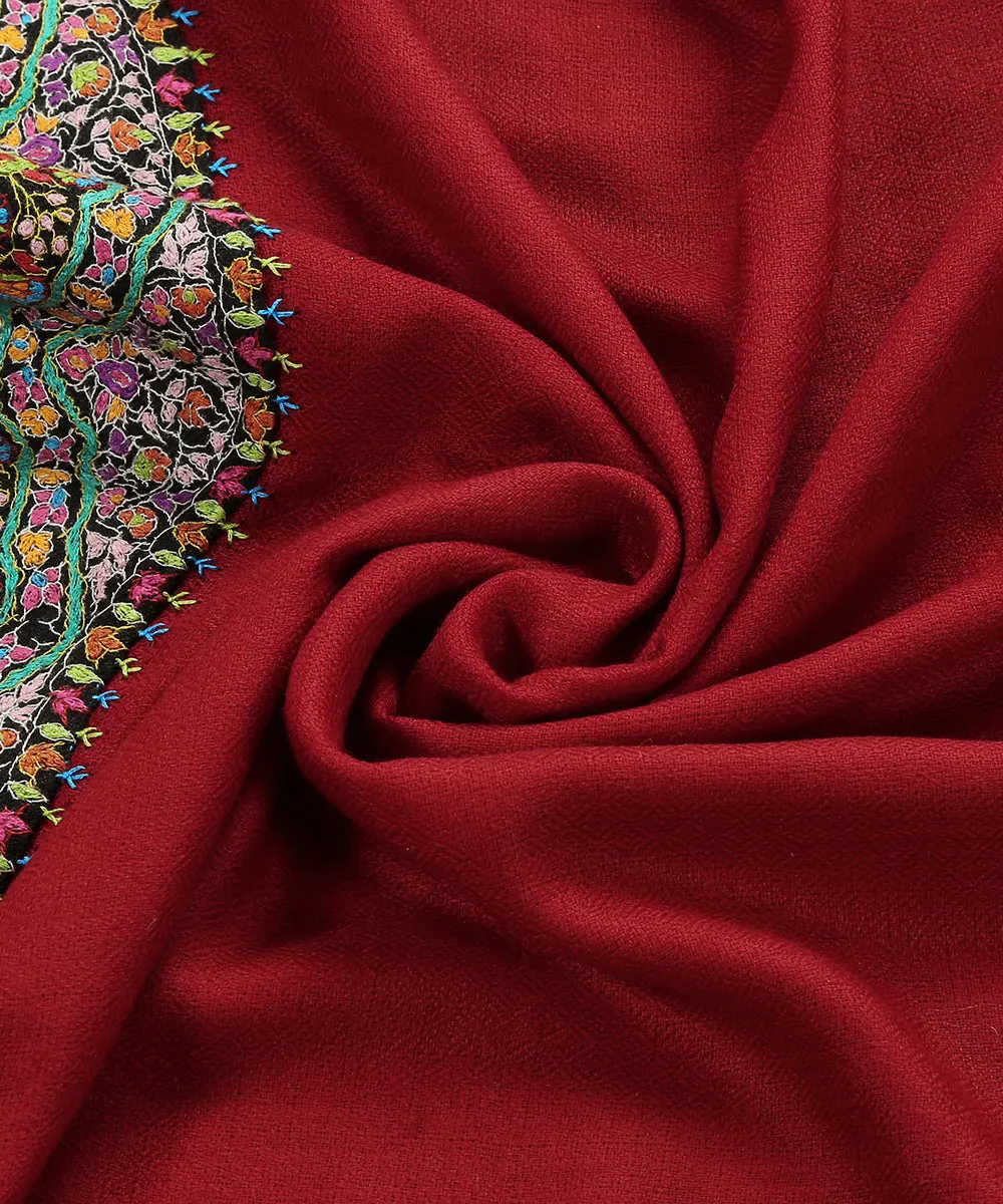 Handwoven Red Pure Pashmina Stole With Hand Appliqued Multicolor Kashidakari Border