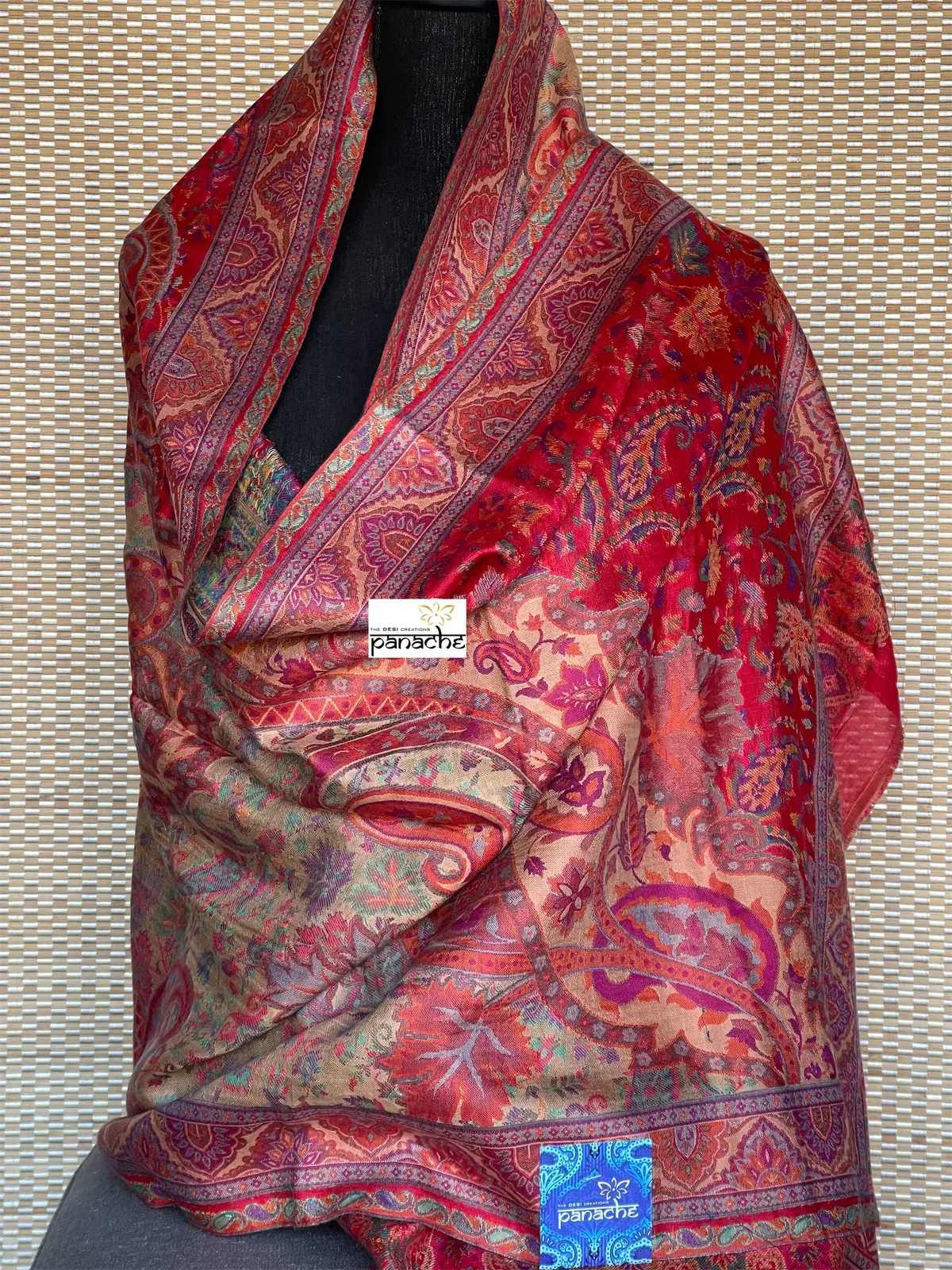 Kashmiri Kani Work Stole - Red Multi color Resham Woven Paisley