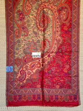 Kashmiri Kani Work Stole - Red Multi color Resham Woven Paisley