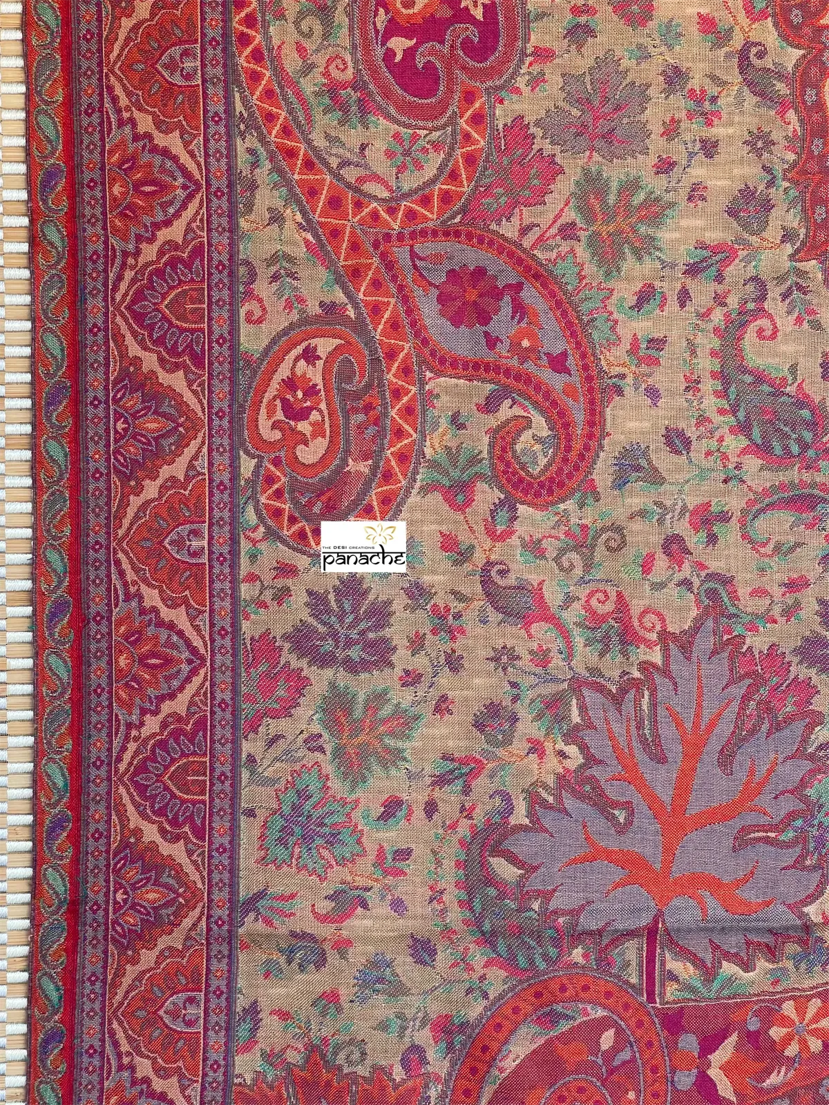 Kashmiri Kani Work Stole - Red Multi color Resham Woven Paisley