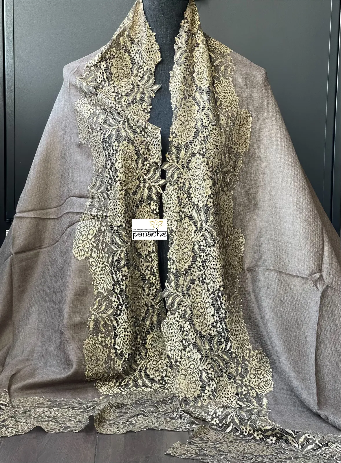 Kashmiri Pashmina Lace Stole - Gray Brown