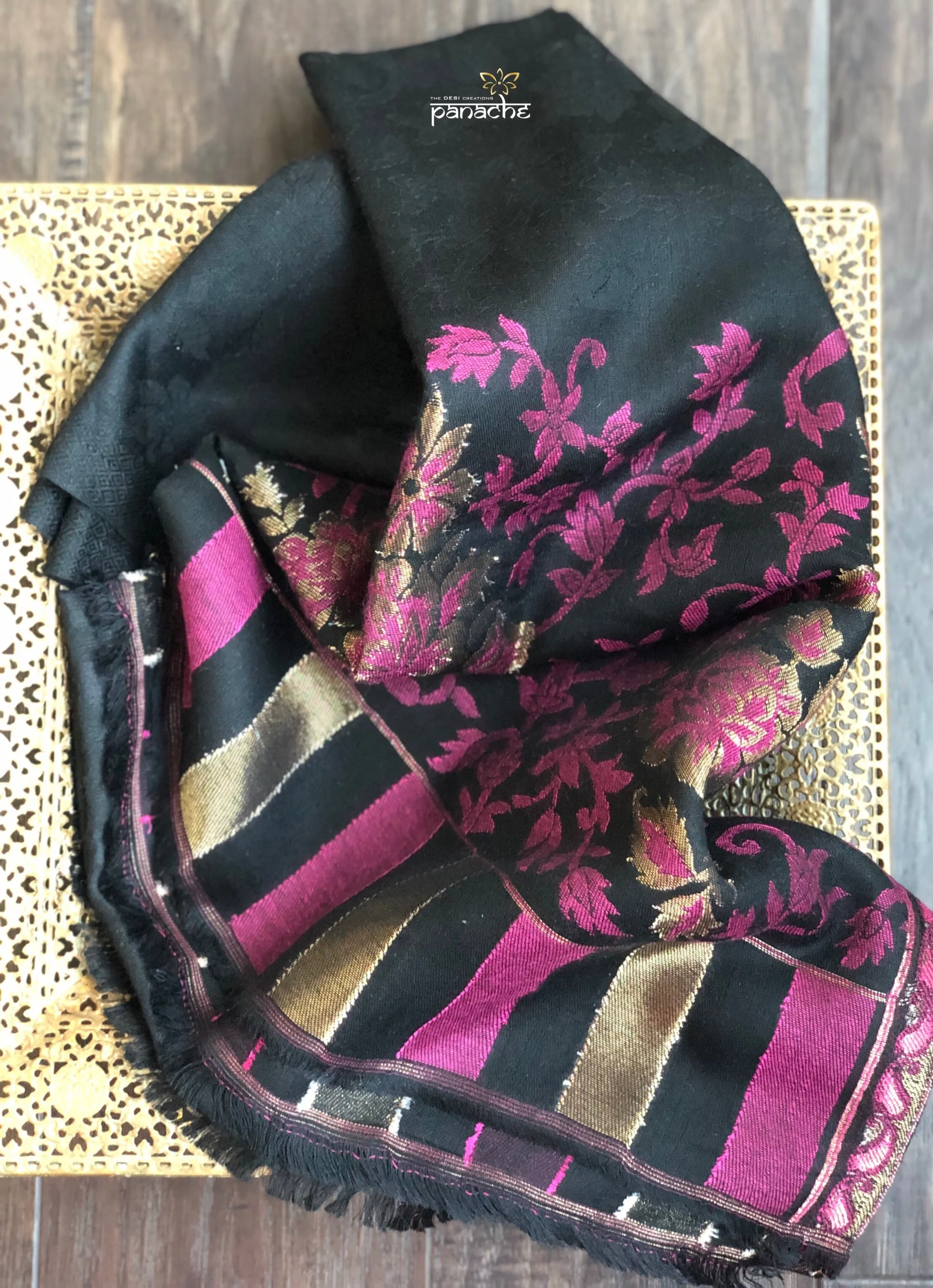 Kashmiri Semi Pashmina Stole - Black Resham Zari Woven