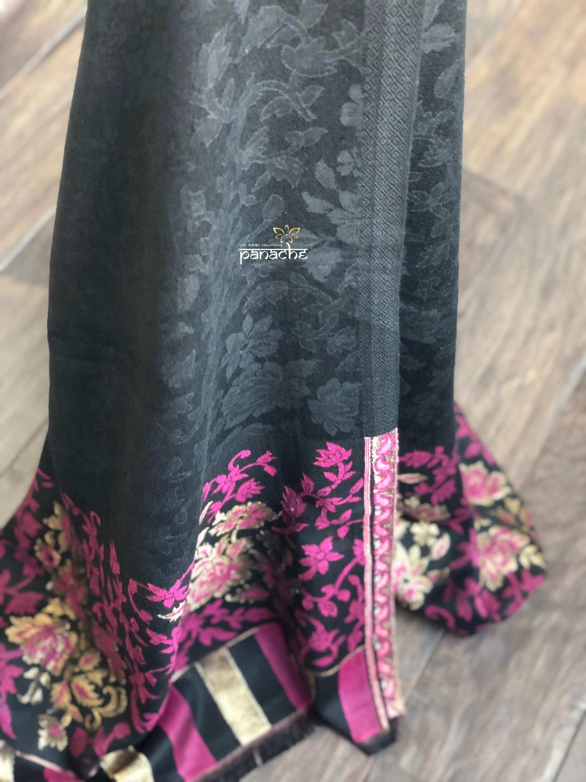 Kashmiri Semi Pashmina Stole - Black Resham Zari Woven