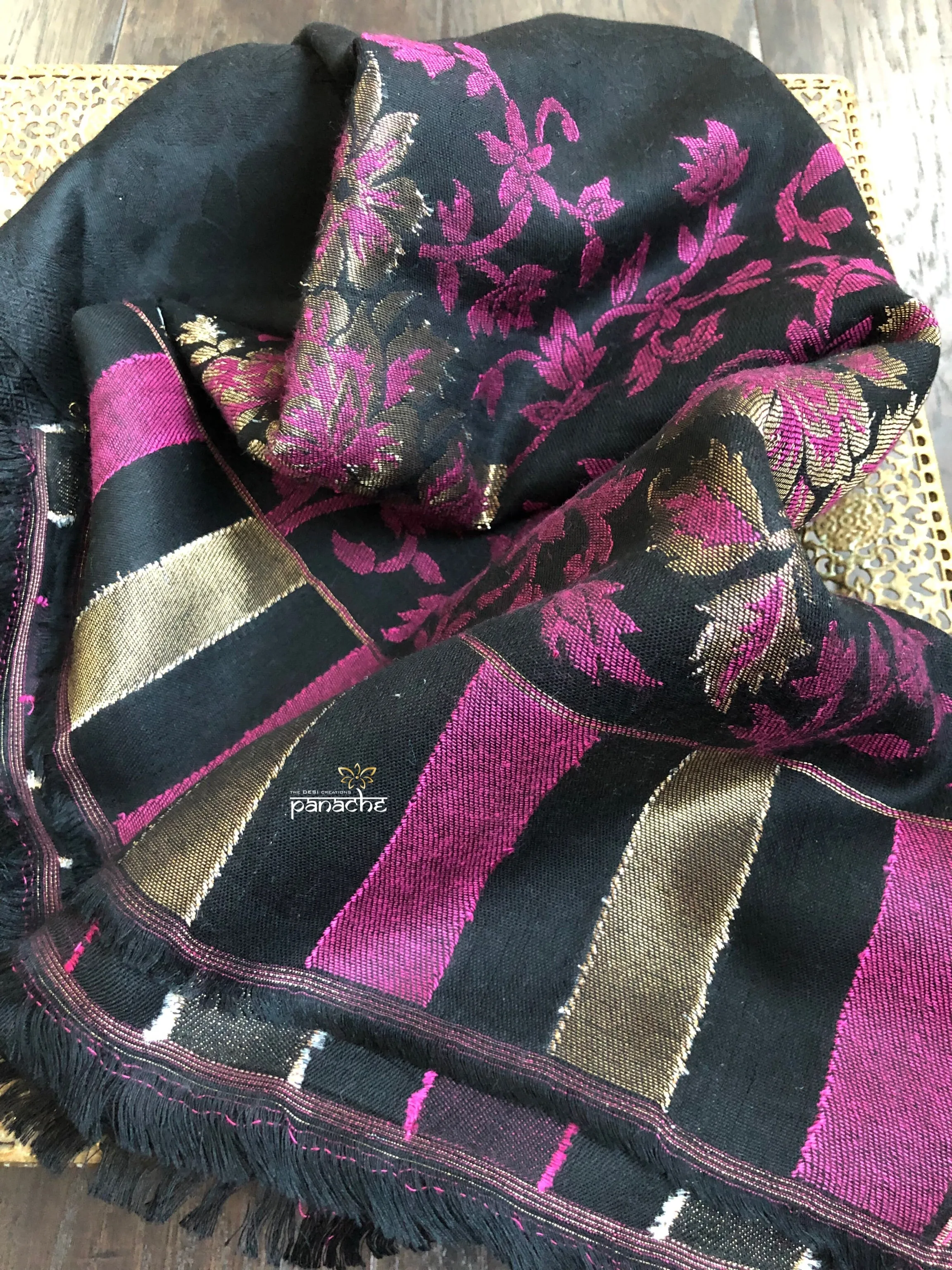 Kashmiri Semi Pashmina Stole - Black Resham Zari Woven