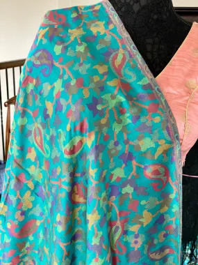 Kashmiri Semi Pashmina Stole - Firozi Blue Multi Resham Woven