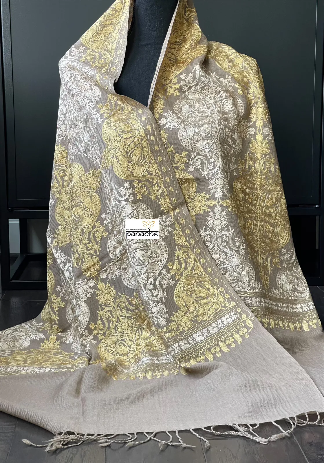 Kashmiri Woven Stole - Gray Yellow