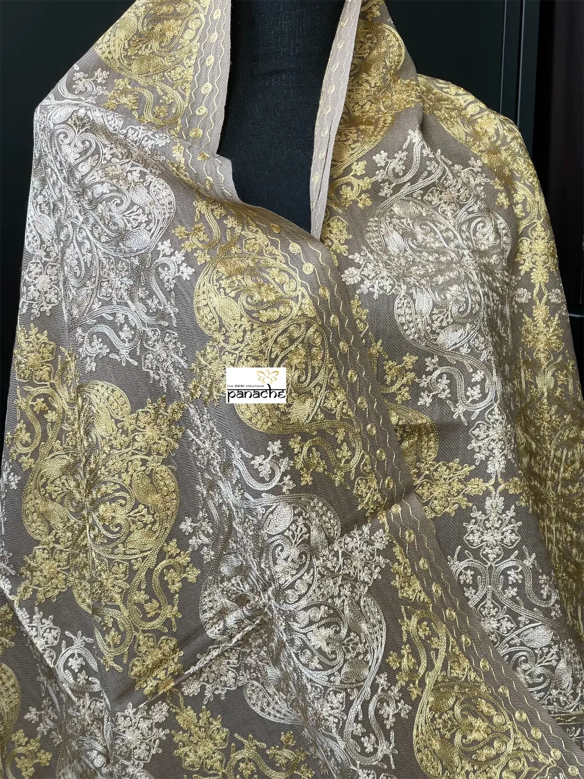 Kashmiri Woven Stole - Gray Yellow