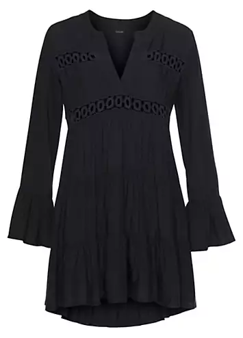 Lace Insert Tiered Cotton Smock Dress by LASCANA | Look Again