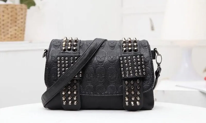 Leather Messenger Vintage Messenger Cool Skull Rivets Shoulder Bag