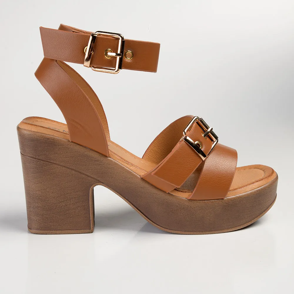 Madison Annie Clog Ankle Buckle Sandal - Tan