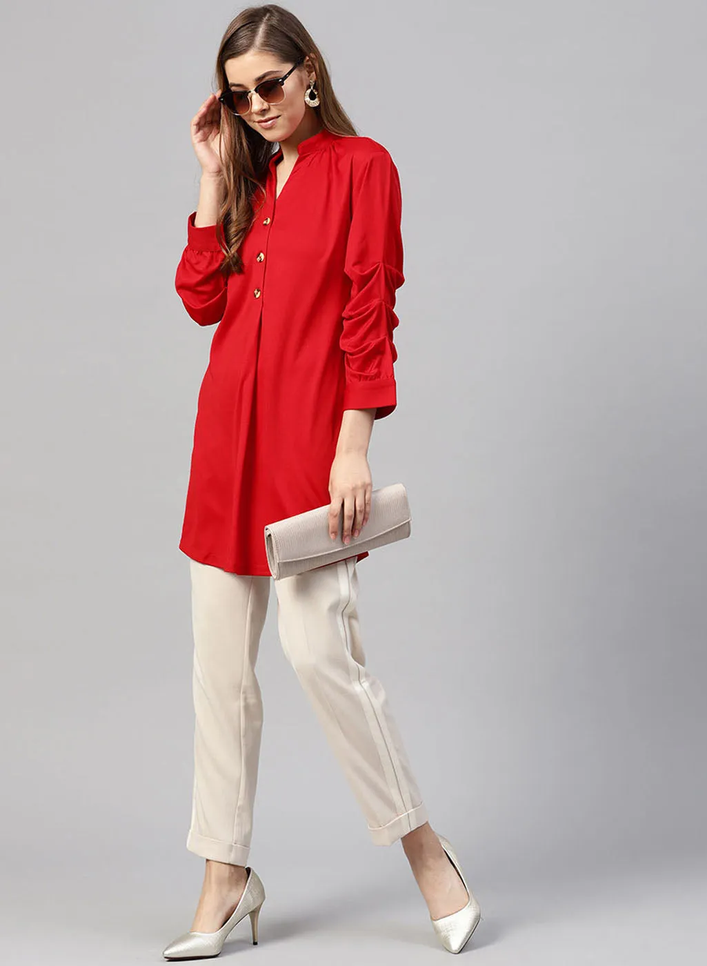 Mandrin Collar Tunic With Button In Front & Rushed