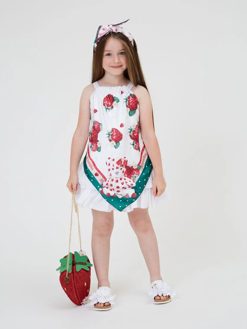 Monnalisa Girls Strawberry Scarf Print Dress in White